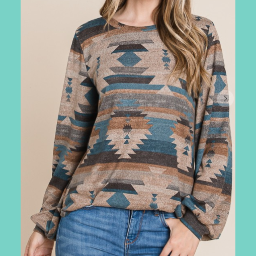 Aztec Tan Bubble Sleeve Top