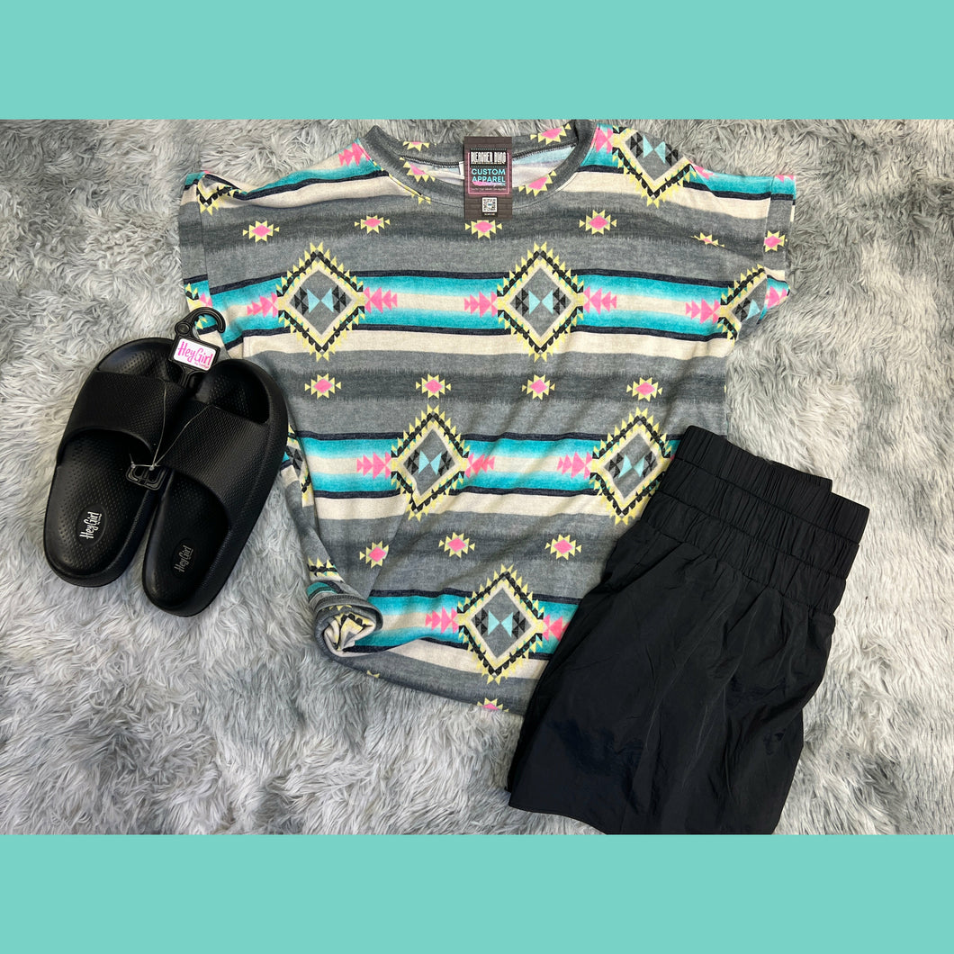 Teal & Pink Aztec Rolled Sleeve Top
