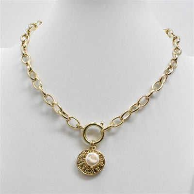 Gold Chain with Hammered Coin and Pearl 16