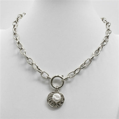 Silver Chain with Hammered Coin and Pearl 16