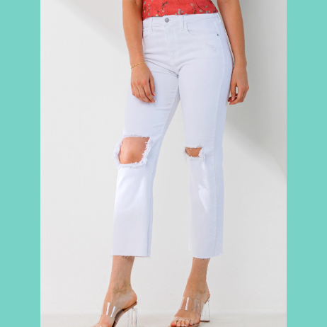 SP High Rise White Distressed Straight Crop